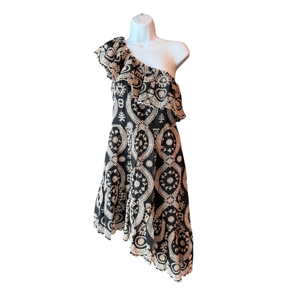 LOVESHACKFANCY Pamela Asymmetrical One Shoulder Eyelet Dress‎ Black Small